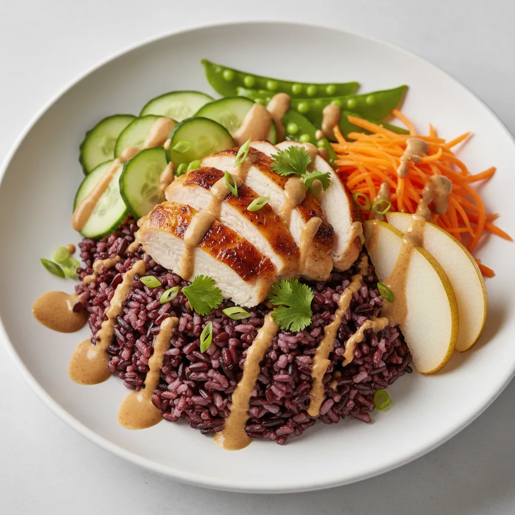 Nut-Free Chicken Purple Rice Bowl with "Peanut" Sauce (No Cashews)