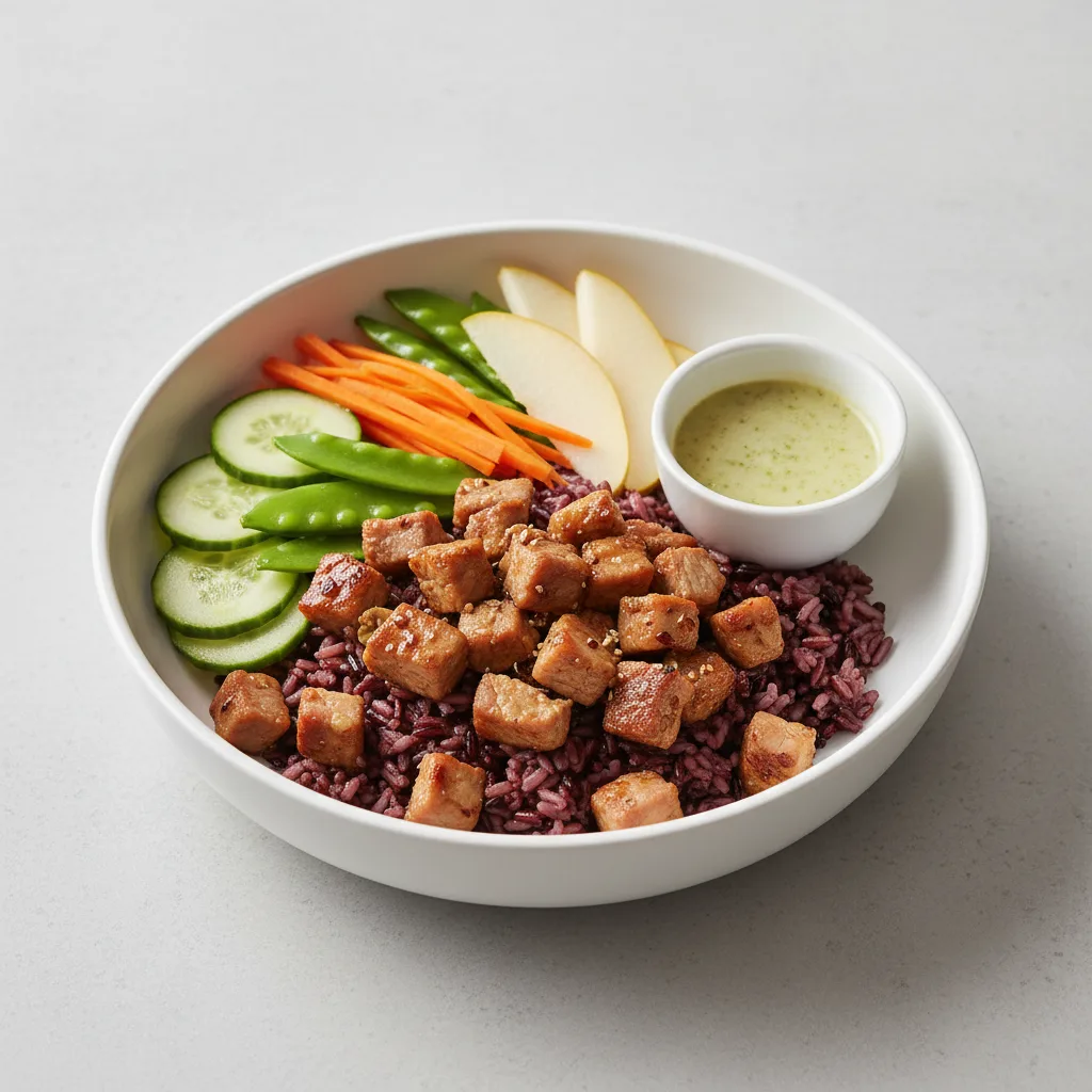 Nut-Free Pork Shoulder Purple Rice Bowl with Ginger Lime Sauce (No Cashews)