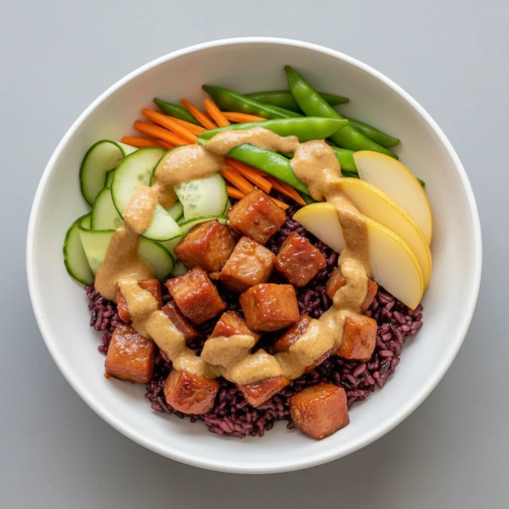 Nut-Free Pork Shoulder Purple Rice Bowl with "Peanut Sauce" (No Cashews)
