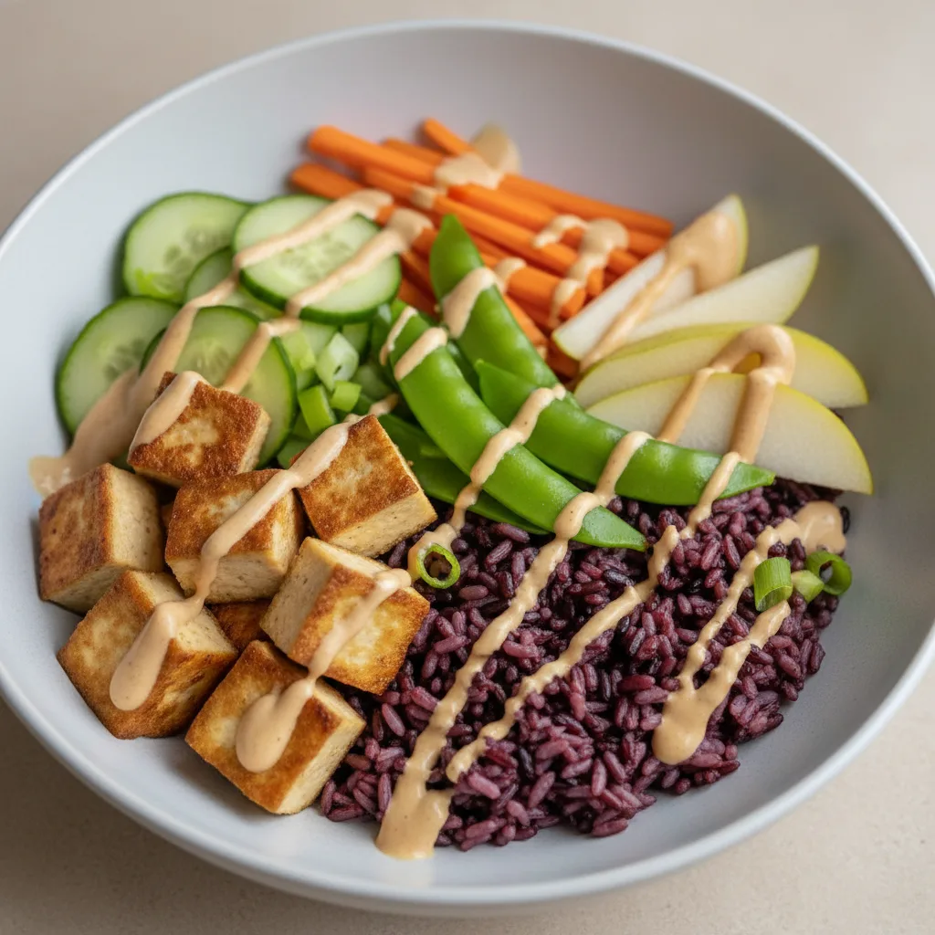 Nut-Free Tofu Purple Rice Bowl with "Peanut" Sauce (No Cashews)