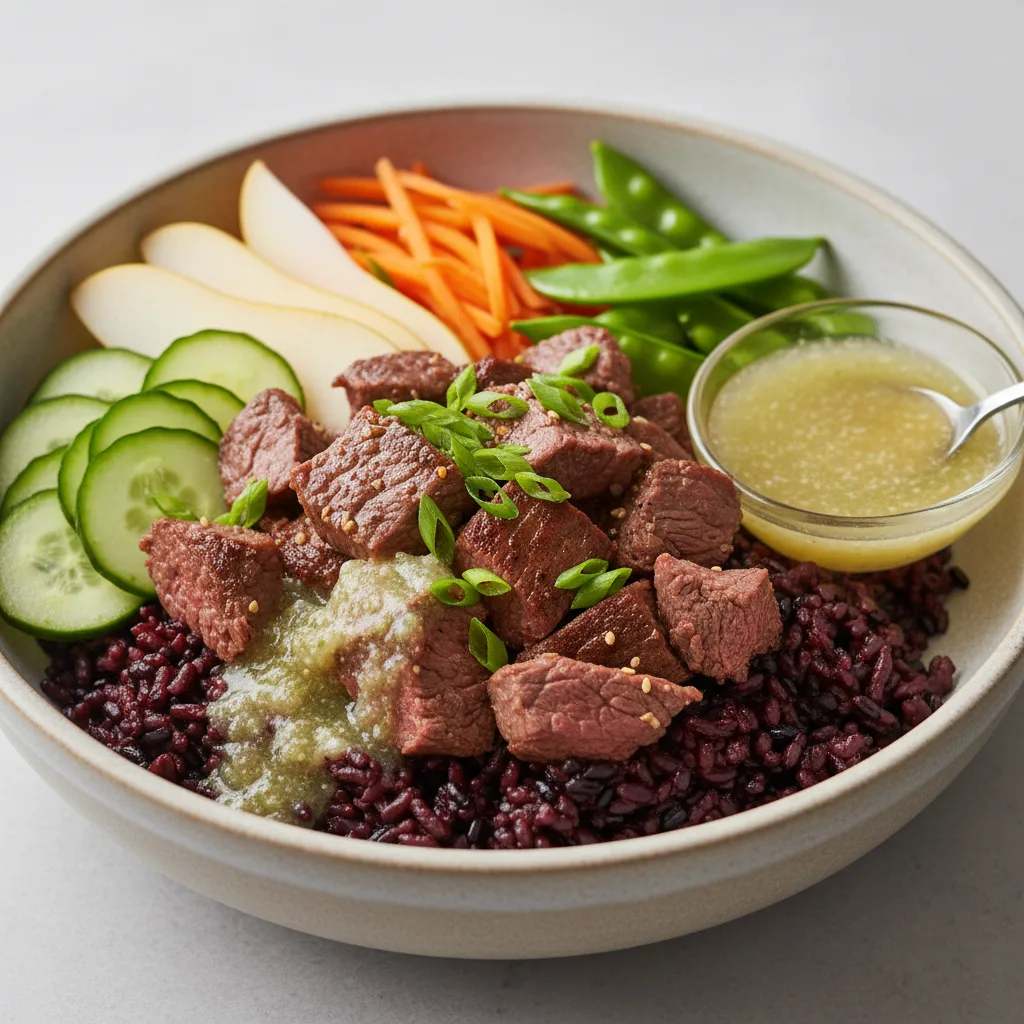 Nut-Free Wagyu Beef Purple Rice Bowl with Ginger Lime Sauce (No Cashews)