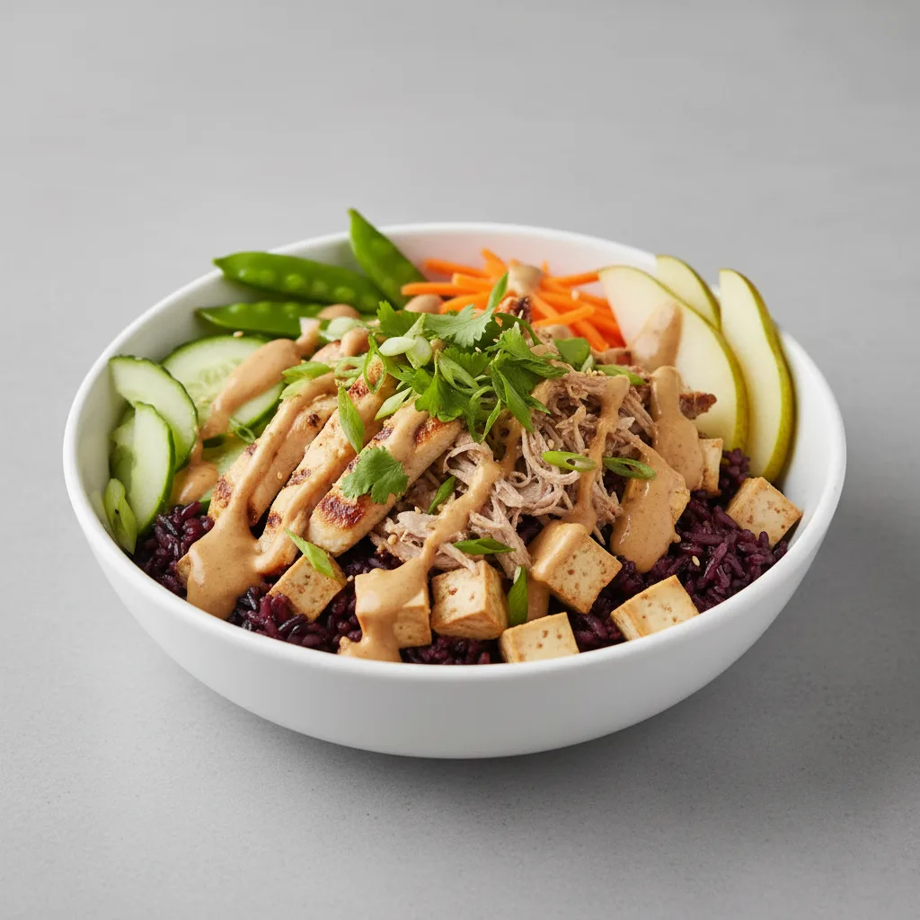 Nut-Free Protein Combo Purple Rice Bowl with "Peanut" Sauce (No Cashews)