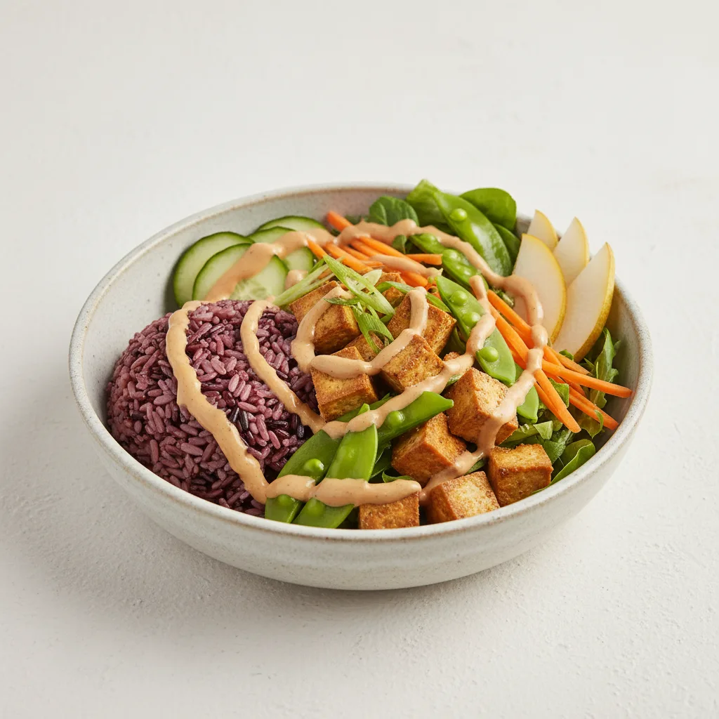 Nut-Free (V) Organic Tofu 50-50 Bowl with "Peanut" Sauce (No Cashews)