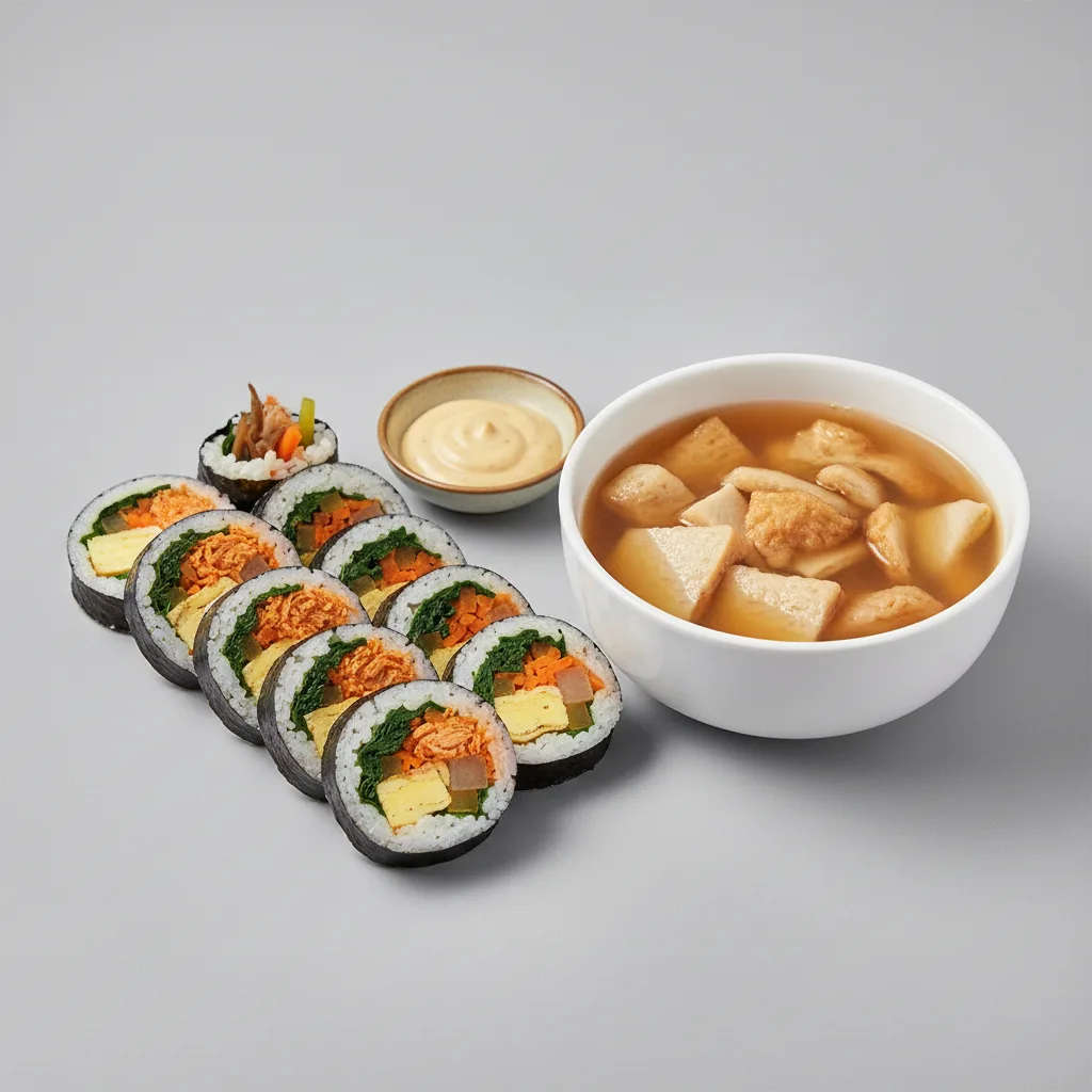Spicy Chicken Kimbab with Fish Cake Soup Spicy Chicken Kimbab with Fish Cake Soup