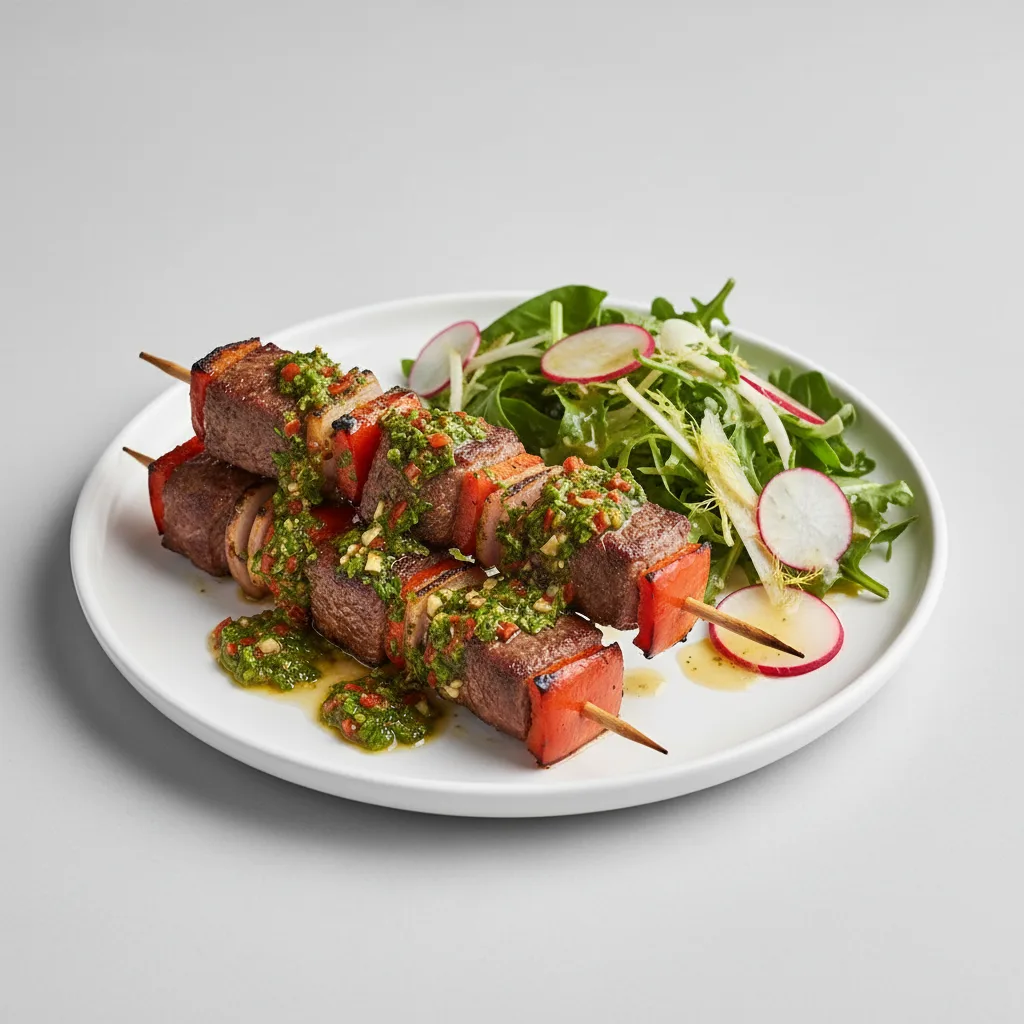 Two Sirloin Beef Skewers with Mixed Green Salad Two Sirloin Beef Skewers with Mixed Green Salad