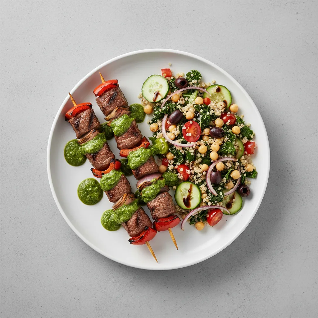 Two Sirloin Beef Skewers with Quinoa Salad Two Sirloin Beef Skewers with Quinoa Salad