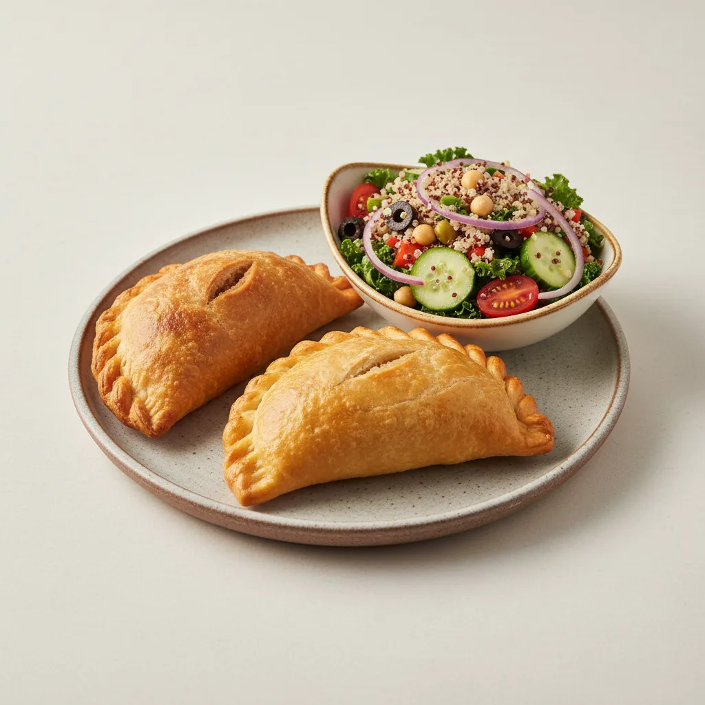 Traditional Empanada and Pollo Saltado Empanada with Mediterranean Quinoa Salad Traditional Empanada and Pollo Saltado Empanada with Mediterranean Quinoa Salad