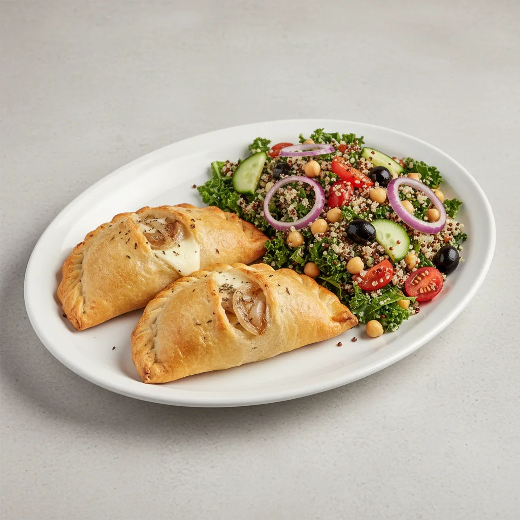 Two Fugazetta Empanadas with Mediterranean Quinoa Salad Two Fugazetta Empanadas with Mediterranean Quinoa Salad