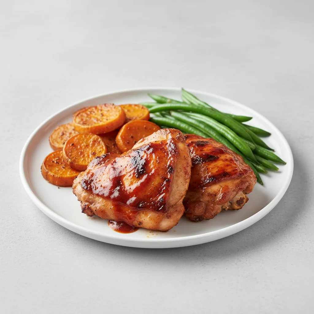 BBQ Chicken Thighs, Maple Glaze Sweet Potato and Green Beans (No Pecans) BBQ Chicken Thighs, Maple Glaze Sweet Potato and Green Beans (No Pecans)