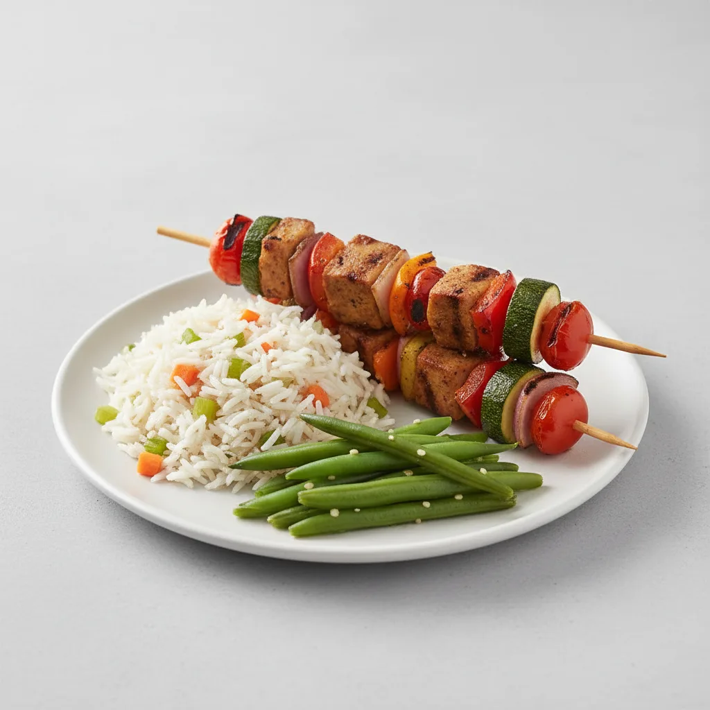 Grilled Vegetable and Seitan Skewers, Rice Pilaf and Green Beans (No Pecans) Grilled Vegetable and Seitan Skewers, Rice Pilaf and Green Beans (No Pecans)