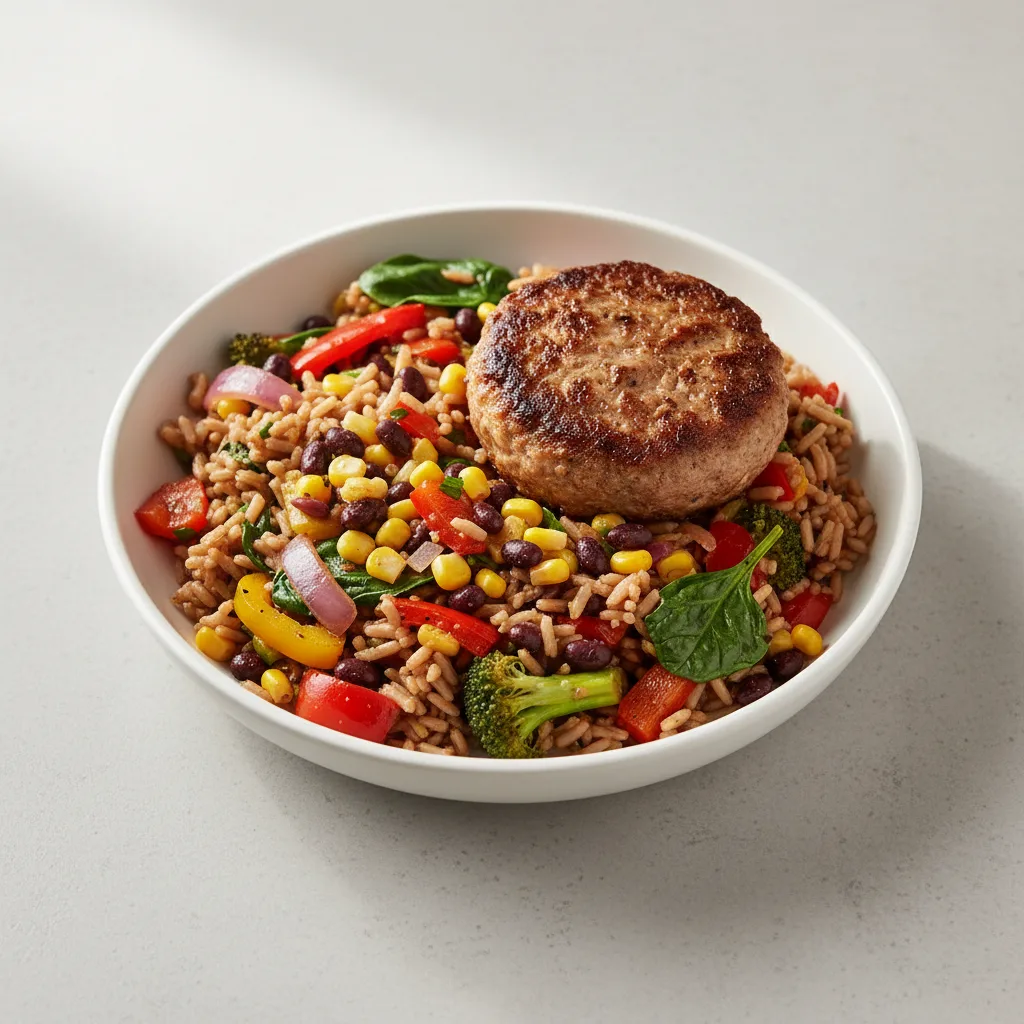 Turkey Burger and Veggie Brown Rice Bowl Turkey Burger and Veggie Brown Rice Bowl