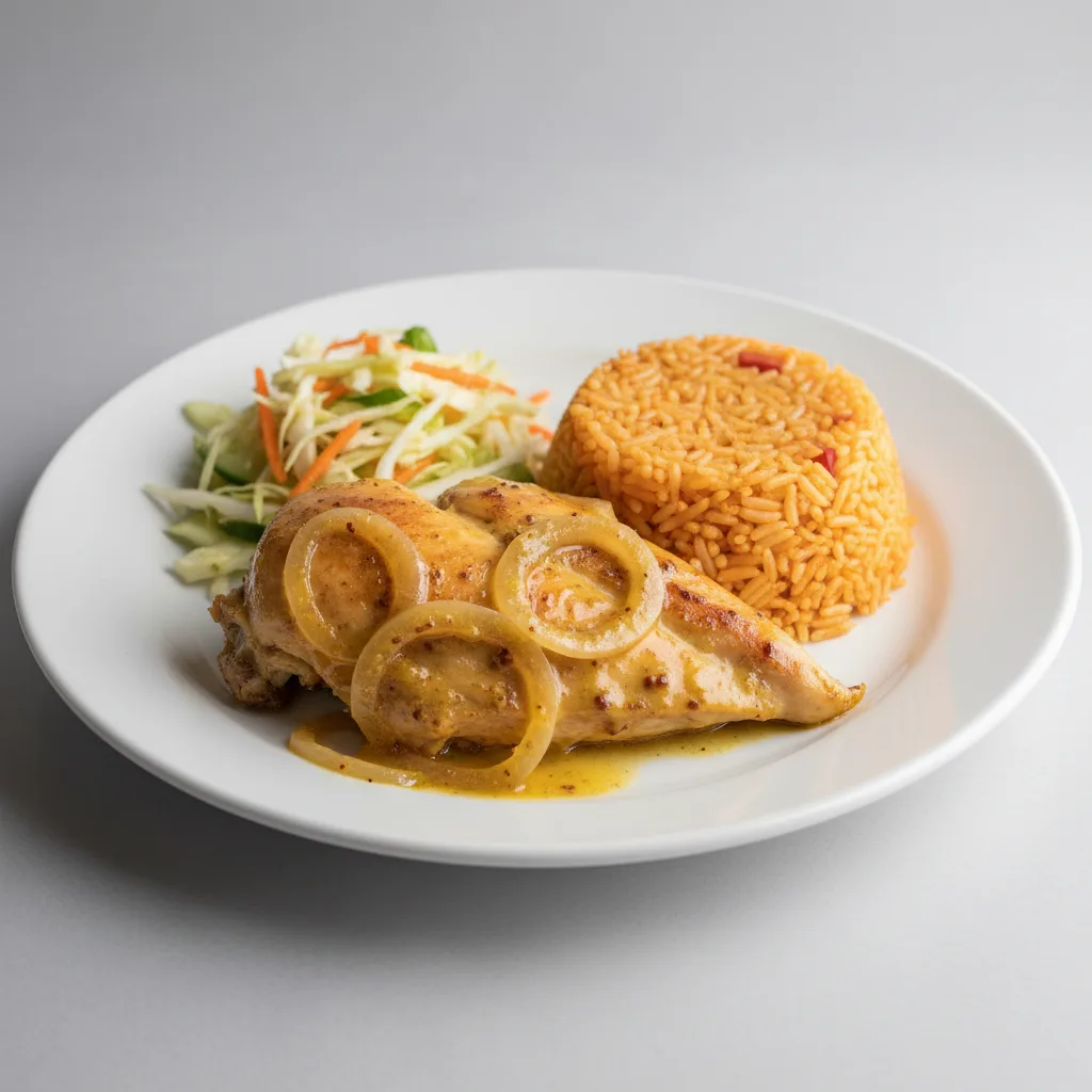 Yassa White Meat Chicken with Jollof Rice and Senegalese Salad Yassa White Meat Chicken with Jollof Rice and Senegalese Salad