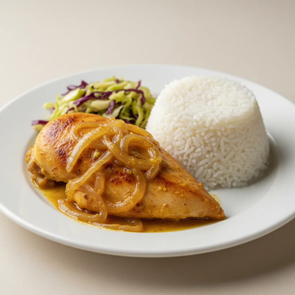Yassa White Meat Chicken with White Rice and Cabbage Yassa White Meat Chicken with White Rice and Cabbage
