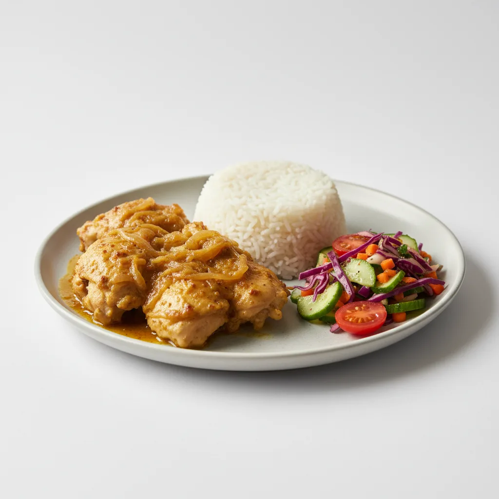 Yassa White Meat Chicken with White Rice and Senegalese Salad Yassa White Meat Chicken with White Rice and Senegalese Salad