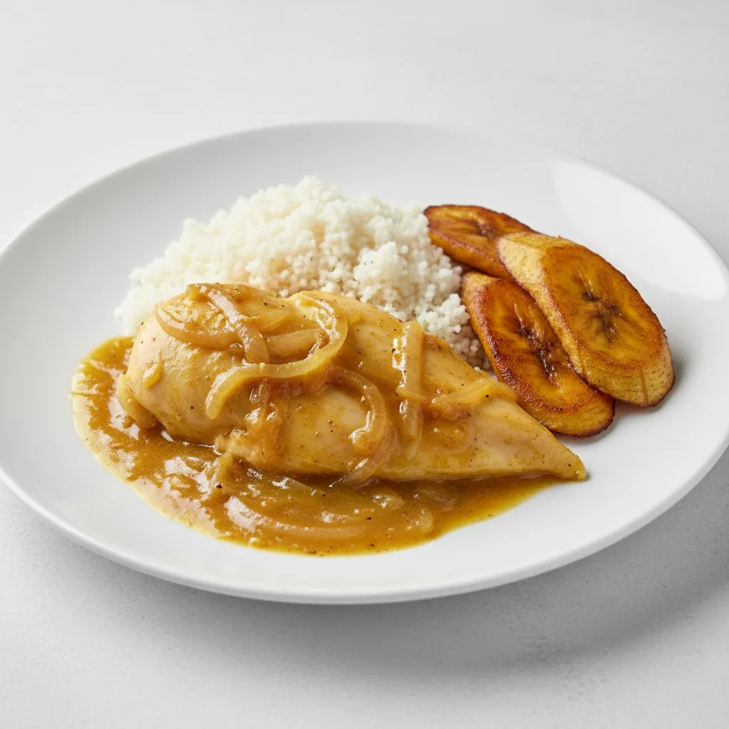 Yassa White Meat Chicken with Attieke (Cassava Couscous) and Plantains Yassa White Meat Chicken with Attieke (Cassava Couscous) and Plantains
