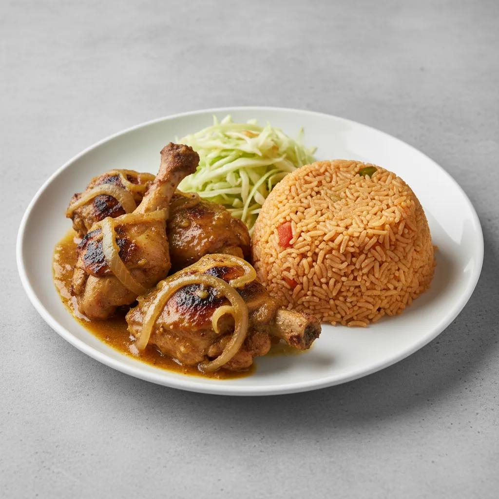 Yassa Dark Meat Chicken with Jollof Rice and Cabbage Yassa Dark Meat Chicken with Jollof Rice and Cabbage