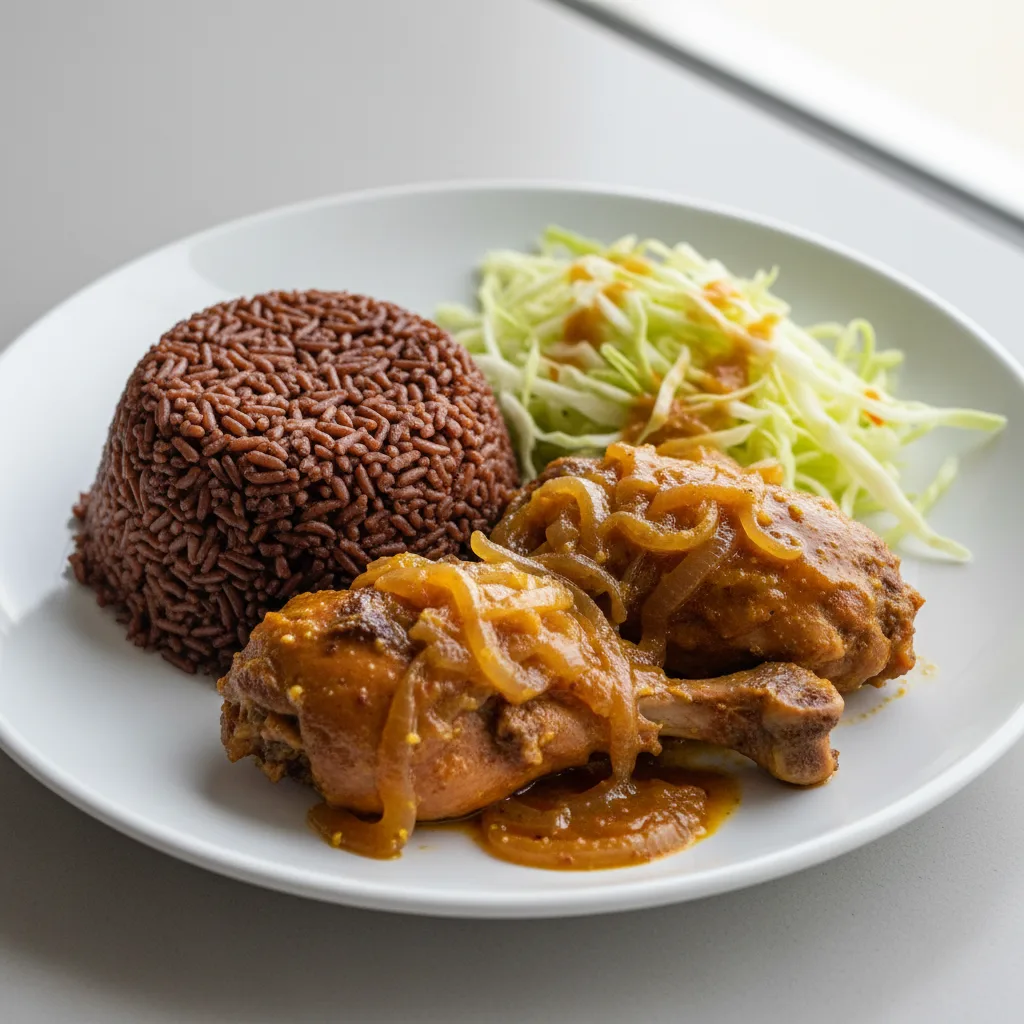 Yassa Dark Meat Chicken with Dark Rice and Cabbage Yassa Dark Meat Chicken with Dark Rice and Cabbage