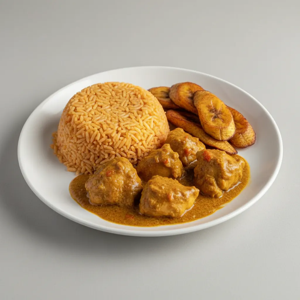 Curry Stew Chicken with Jollof Rice and Plantains Curry Stew Chicken with Jollof Rice and Plantains