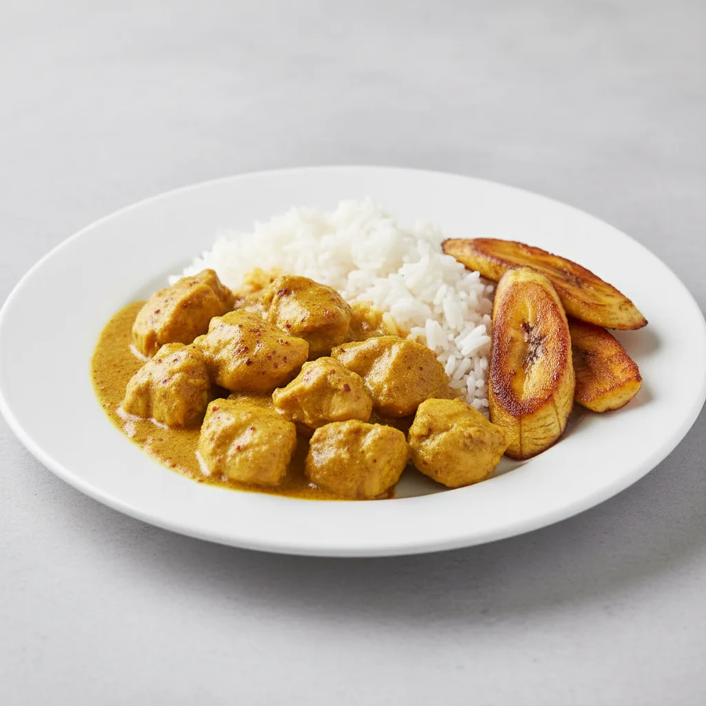 Curry Stew Chicken with White Rice and Plantains Curry Stew Chicken with White Rice and Plantains