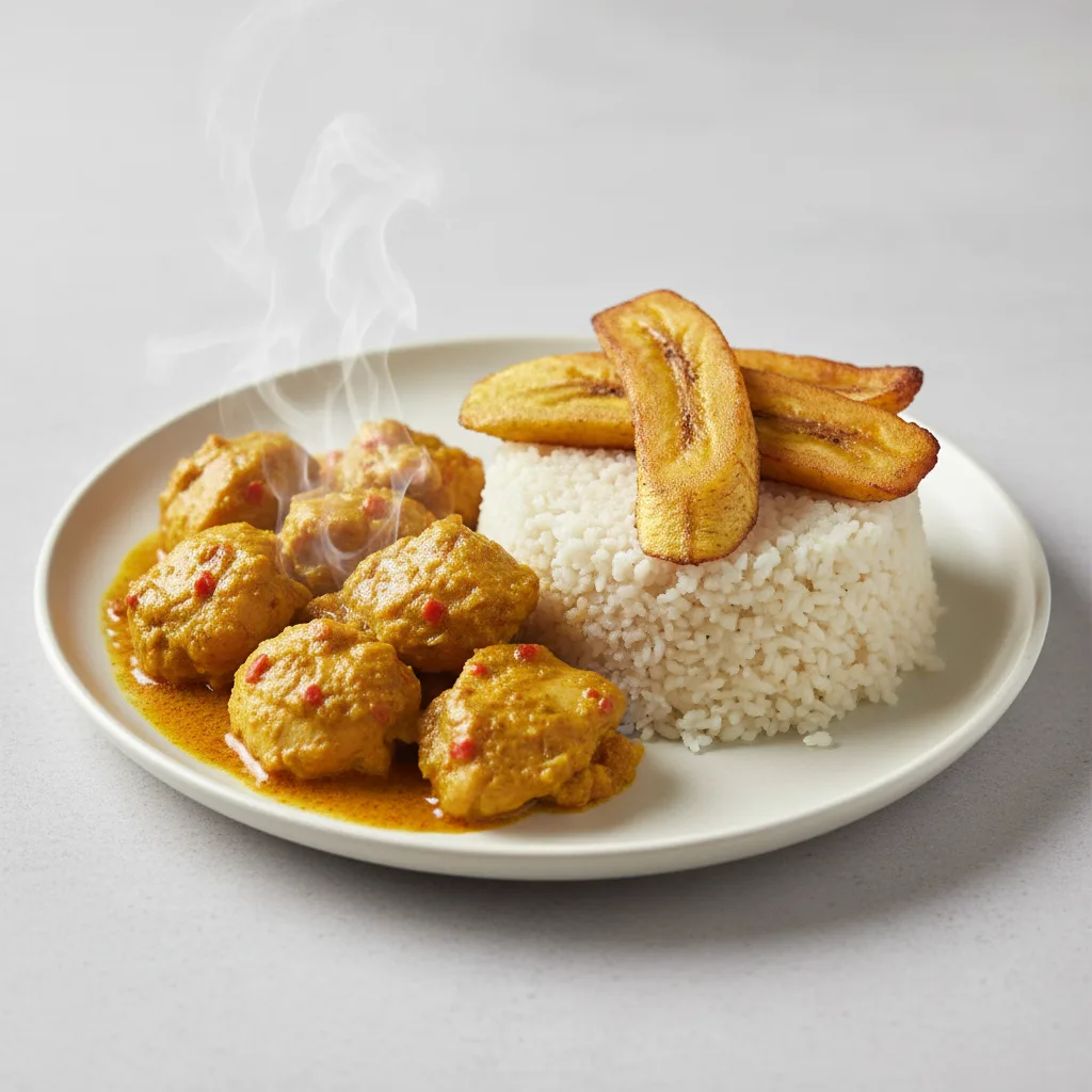 Curry Stew Chicken with Attieke (Cassava Couscous) and Plantains Curry Stew Chicken with Attieke (Cassava Couscous) and Plantains