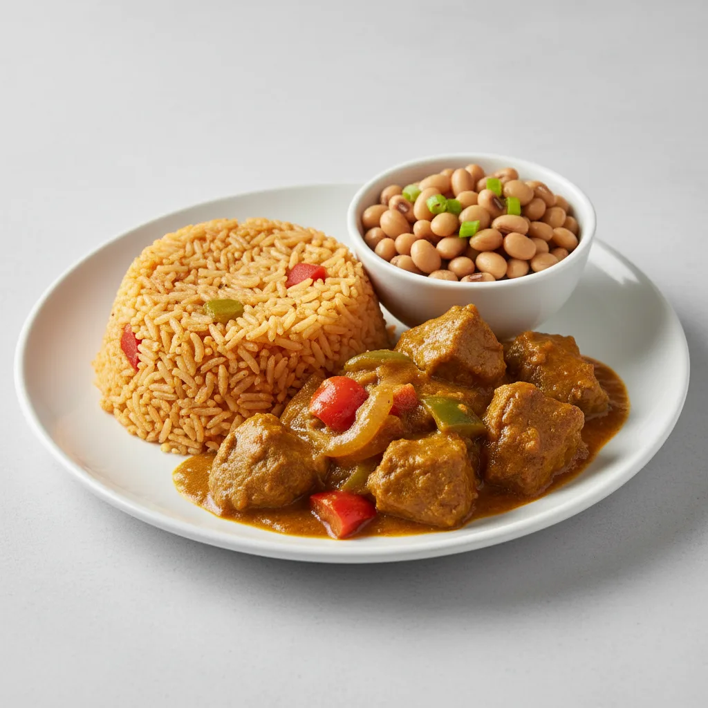 Curry Stew Lamb with Jollof Rice and Black-Eyed Peas Curry Stew Lamb with Jollof Rice and Black-Eyed Peas