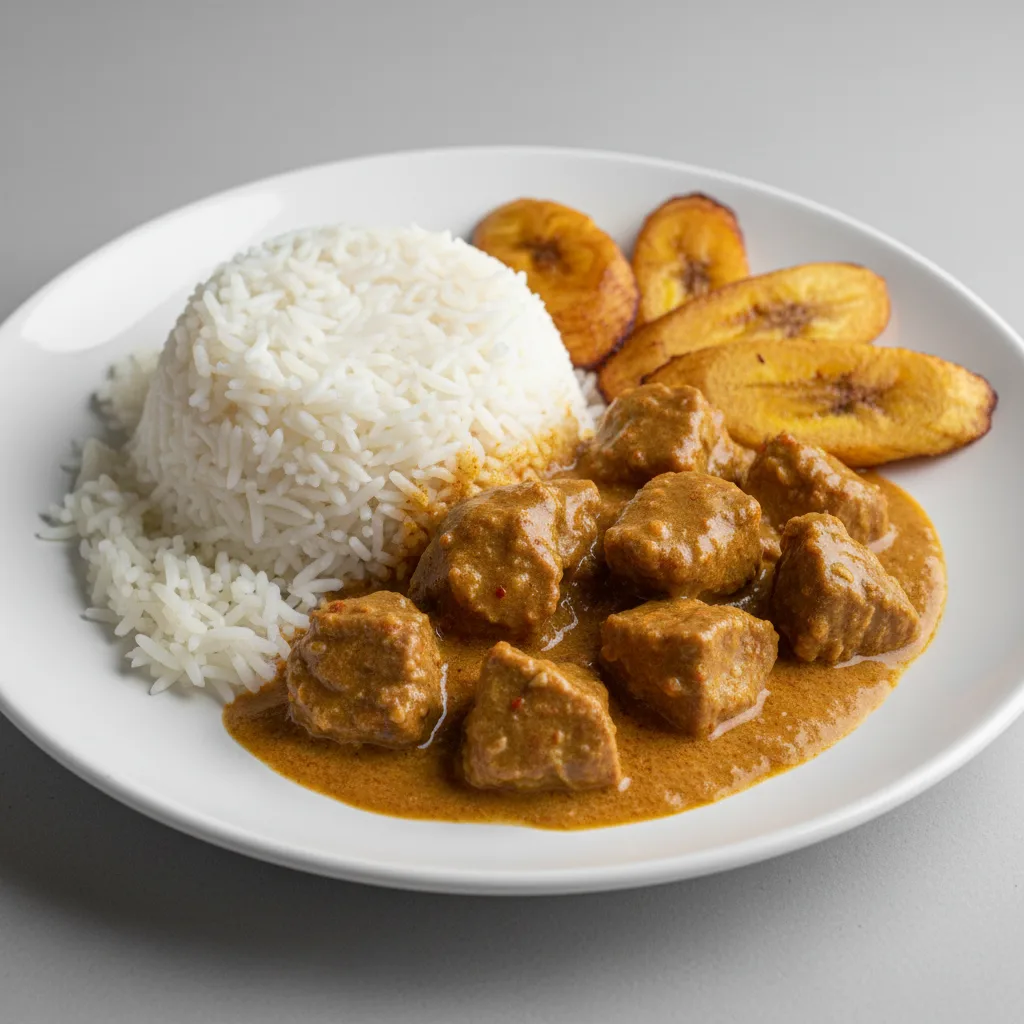 Curry Stew Lamb with White Rice and Plantains Curry Stew Lamb with White Rice and Plantains