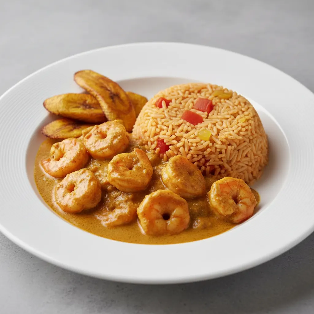 Curry Stew Shrimp with Jollof Rice and Plantains Curry Stew Shrimp with Jollof Rice and Plantains