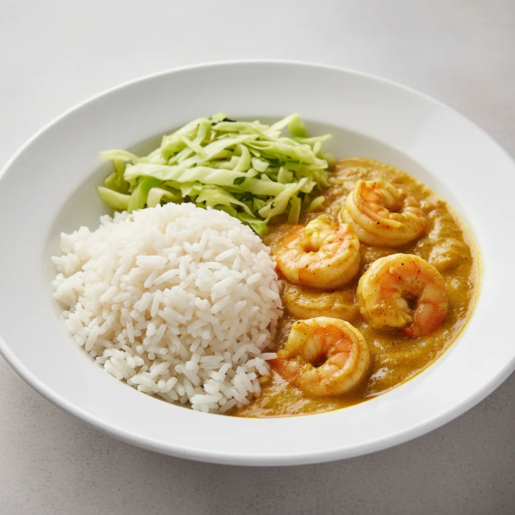 Curry Stew Shrimp with White Rice and Cabbage Curry Stew Shrimp with White Rice and Cabbage