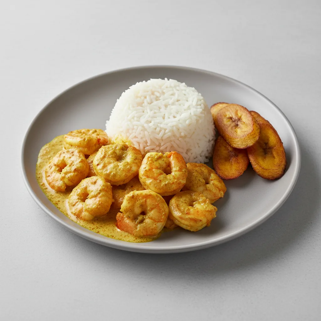Curry Stew Shrimp with White Rice and Plantains Curry Stew Shrimp with White Rice and Plantains