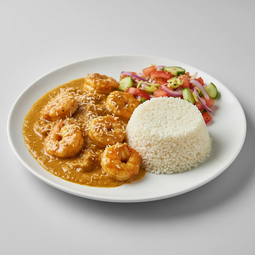 Curry Stew Shrimp with Attieke (Cassava Couscous) and Senegalese Salad Curry Stew Shrimp with Attieke (Cassava Couscous) and Senegalese Salad