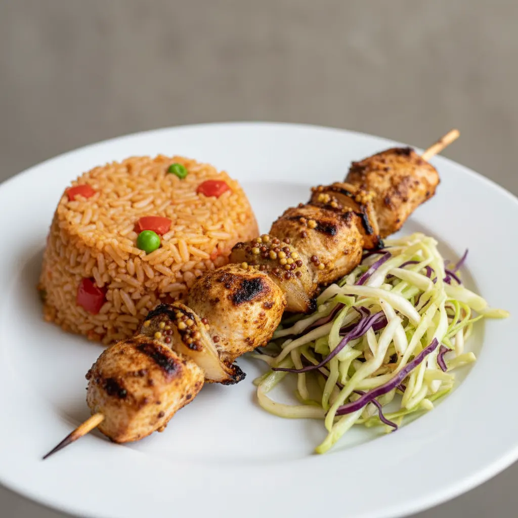 Brochette Chicken with Jollof Rice and Cabbage Brochette Chicken with Jollof Rice and Cabbage
