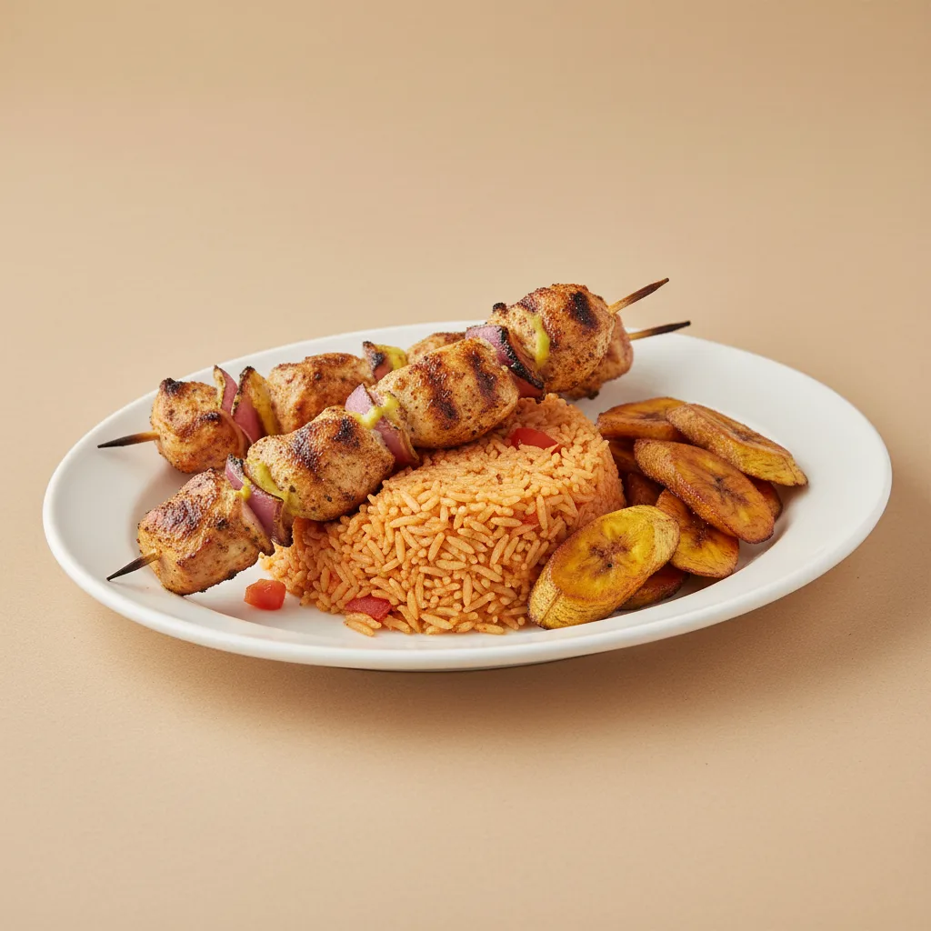 Brochette Chicken with Jollof Rice and Plantains Brochette Chicken with Jollof Rice and Plantains
