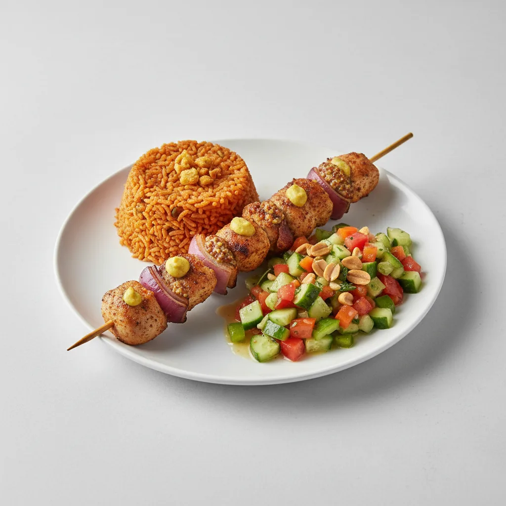 Brochette Chicken with Jollof Rice and Senegalese Salad Brochette Chicken with Jollof Rice and Senegalese Salad