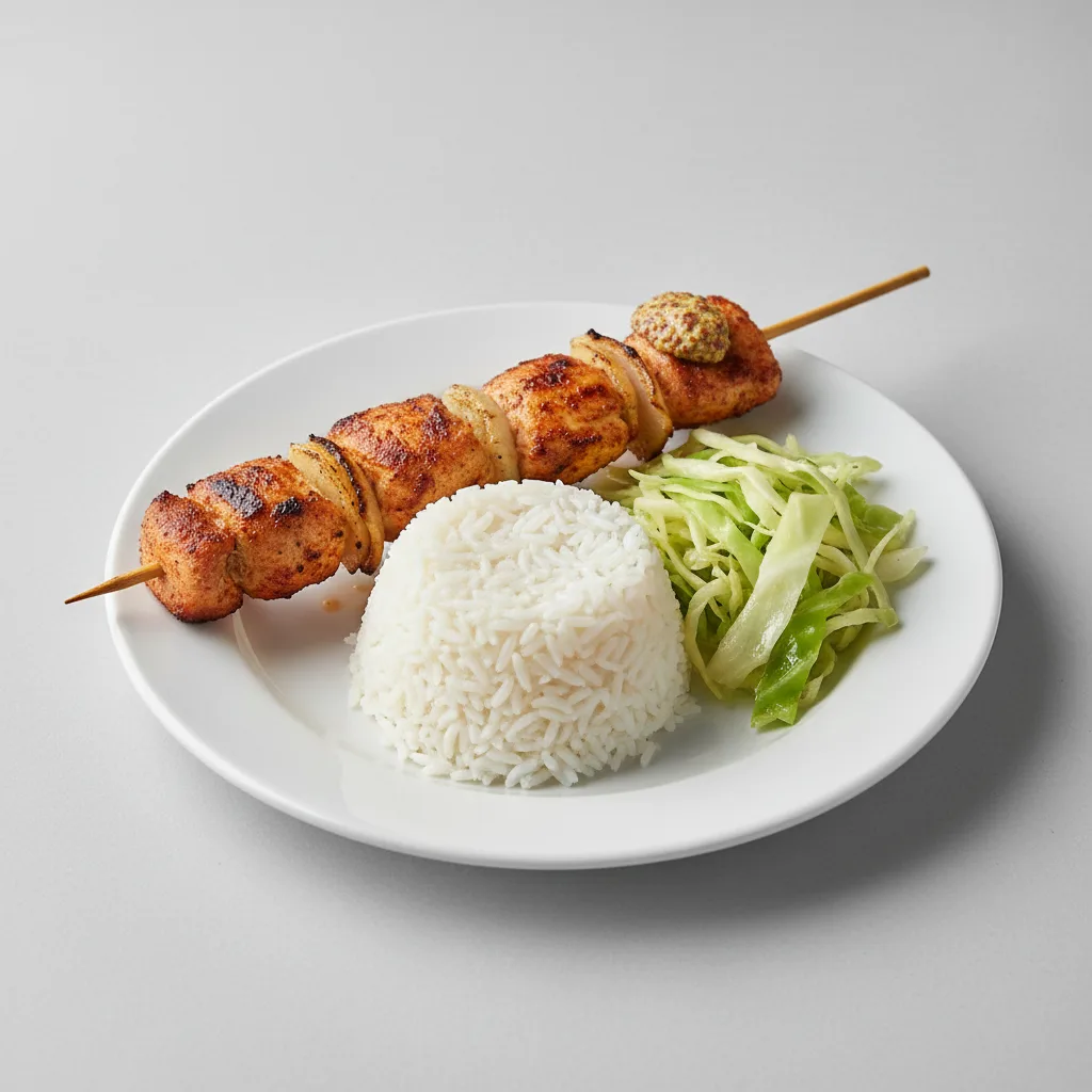 Brochette Chicken with White Rice and Cabbage Brochette Chicken with White Rice and Cabbage