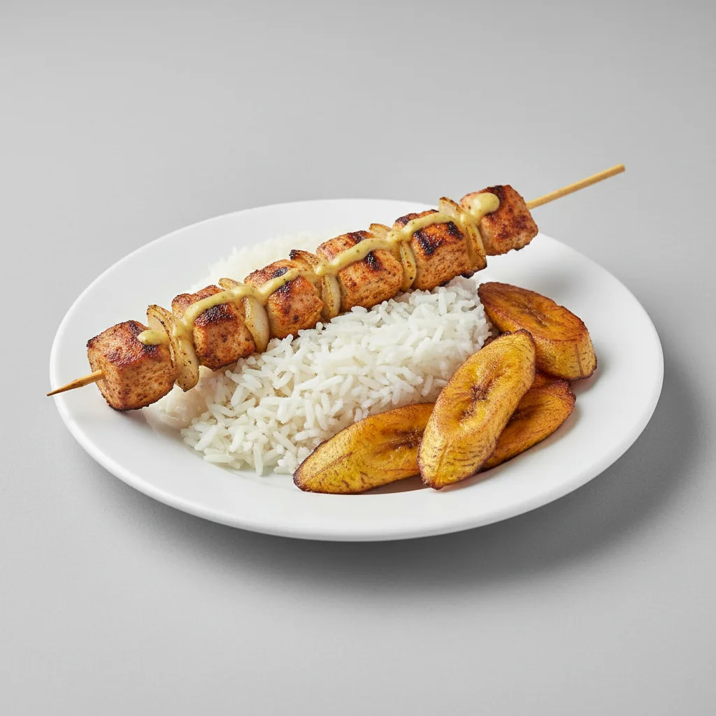 Brochette Chicken with White Rice and Plantains Brochette Chicken with White Rice and Plantains