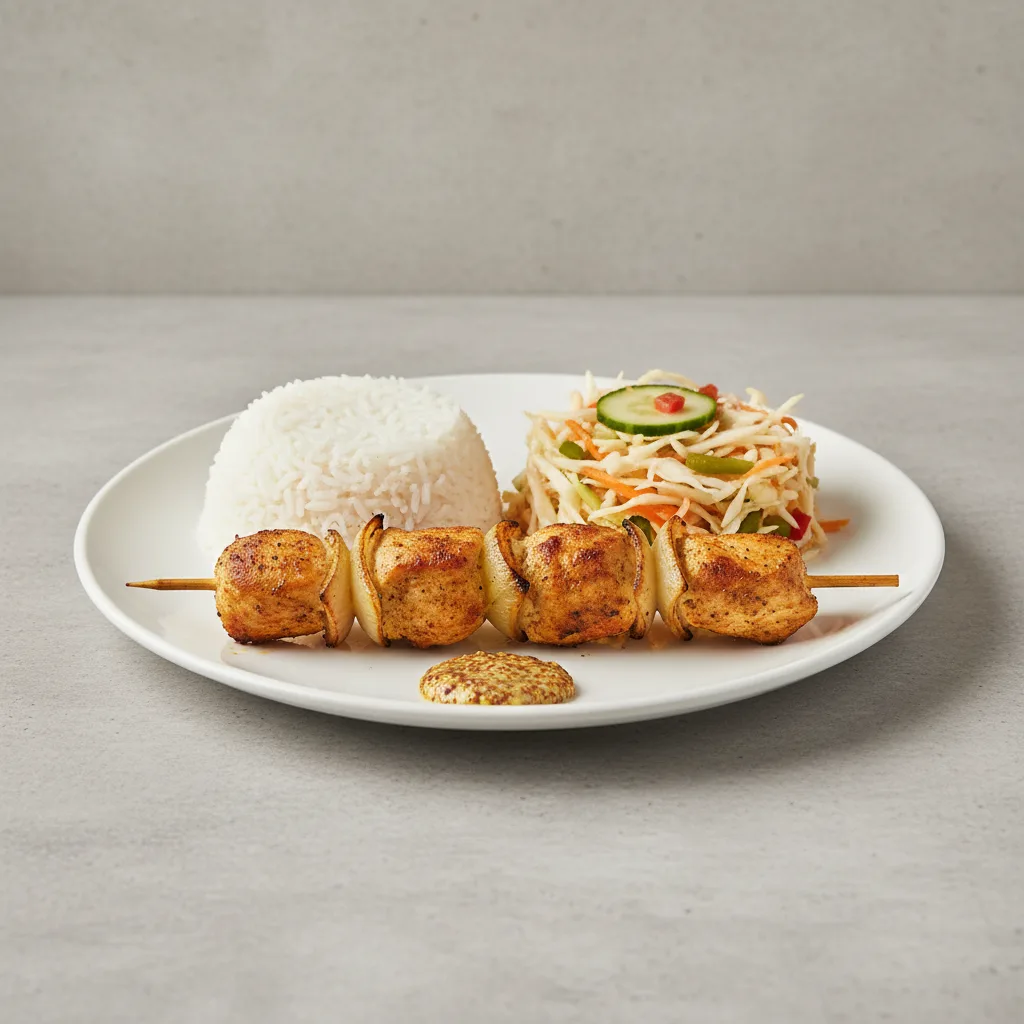 Brochette Chicken with White Rice and Senegalese Salad Brochette Chicken with White Rice and Senegalese Salad