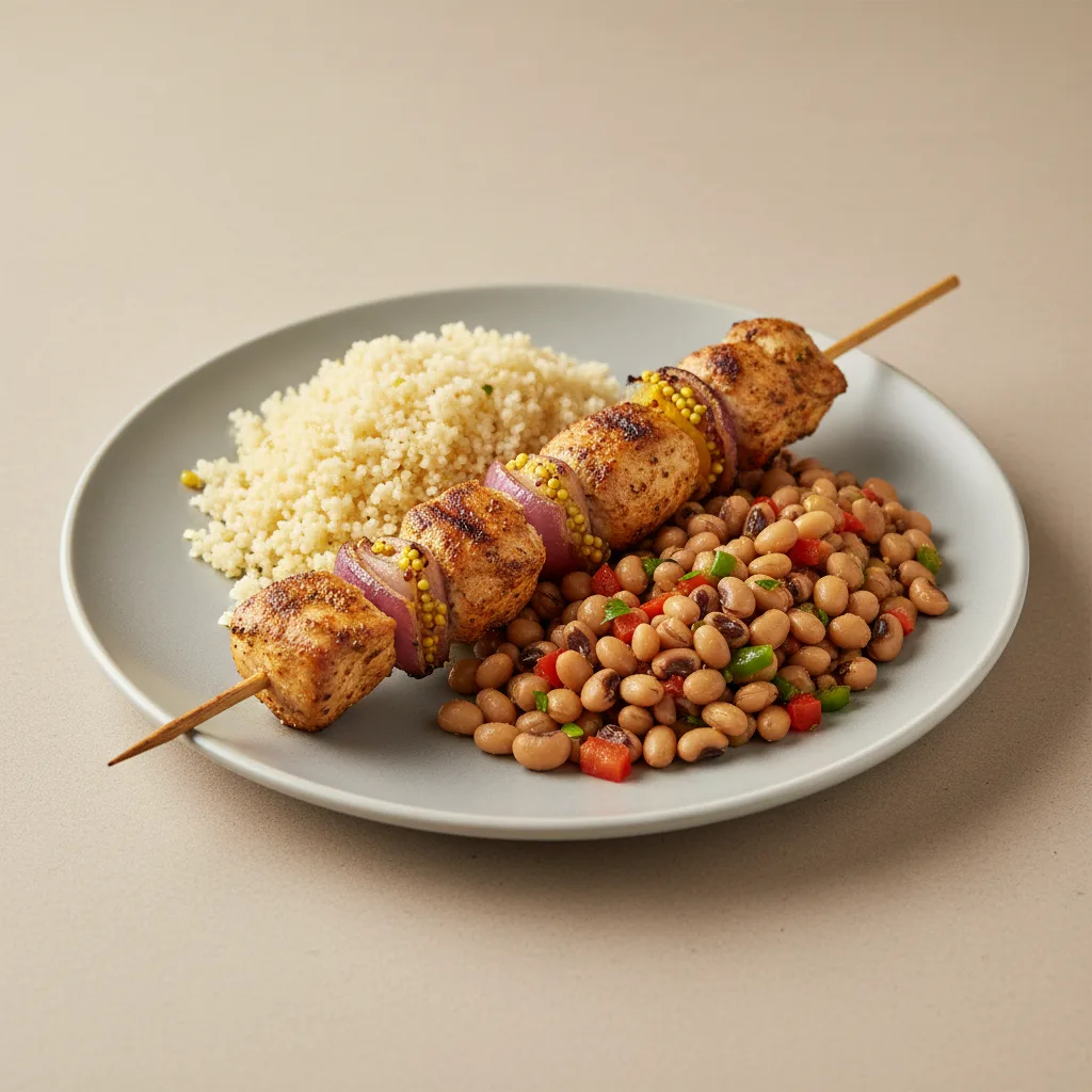 Brochette Chicken with Attieke (Cassava Couscous) and Black-Eyed Peas Brochette Chicken with Attieke (Cassava Couscous) and Black-Eyed Peas