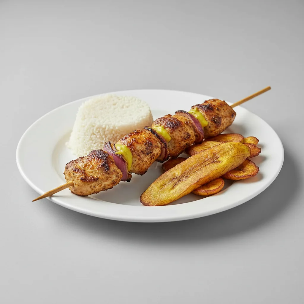 Brochette Chicken with Attieke (Cassava Couscous) and Plantains Brochette Chicken with Attieke (Cassava Couscous) and Plantains