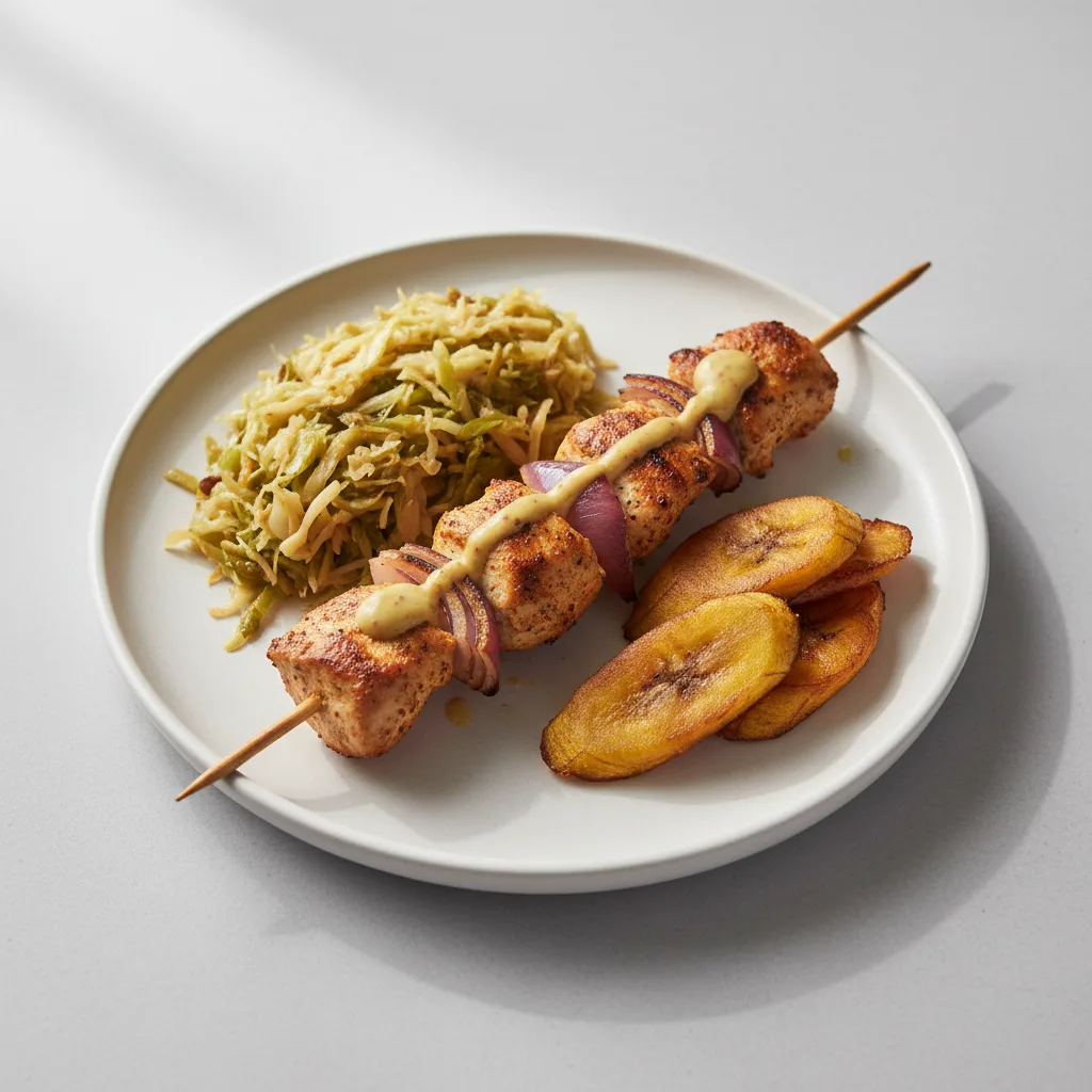 Brochette Chicken with Cabbage and Plantains Brochette Chicken with Cabbage and Plantains