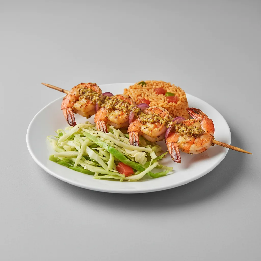 Brochette Shrimp with Jollof Rice and Cabbage Brochette Shrimp with Jollof Rice and Cabbage