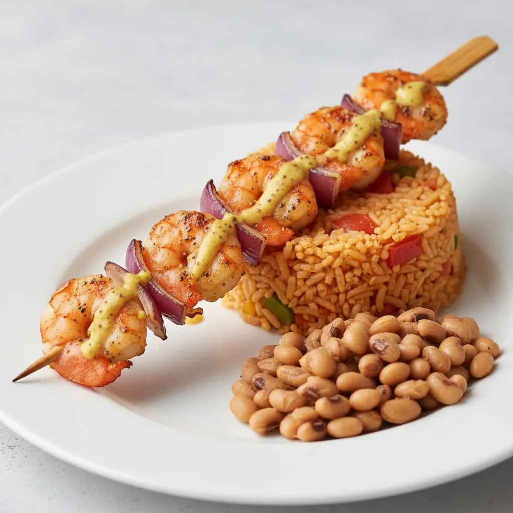 Brochette Shrimp with Jollof Rice and Black-Eyed Peas Brochette Shrimp with Jollof Rice and Black-Eyed Peas