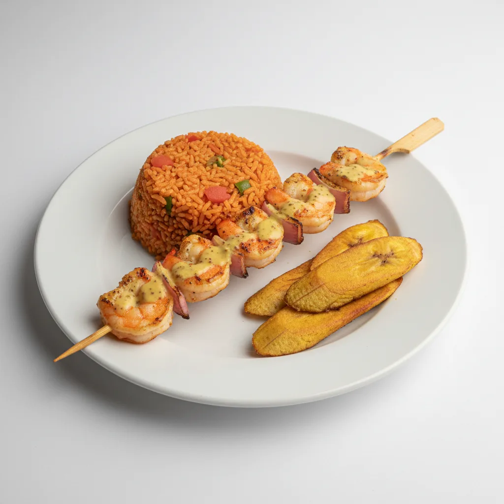Brochette Shrimp with Jollof Rice and Plantains Brochette Shrimp with Jollof Rice and Plantains