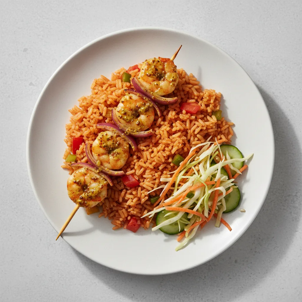Brochette Shrimp with Jollof Rice and Senegalese Salad Brochette Shrimp with Jollof Rice and Senegalese Salad