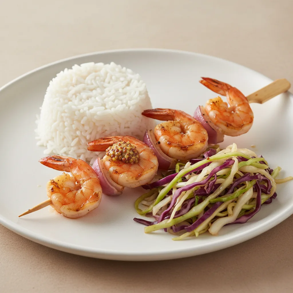 Brochette Shrimp with White Rice and Cabbage Brochette Shrimp with White Rice and Cabbage