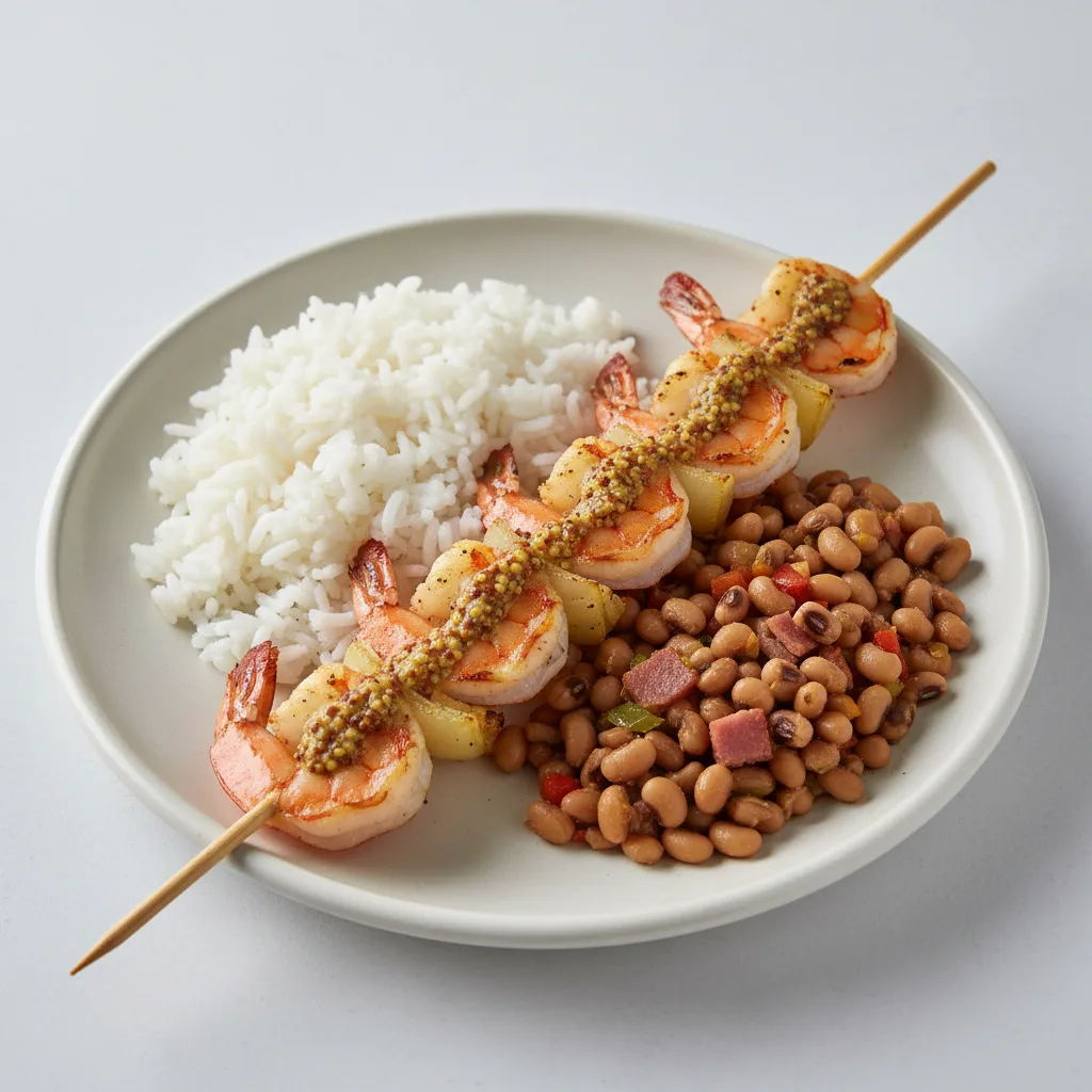 Brochette Shrimp with White Rice and Black-Eyed Peas Brochette Shrimp with White Rice and Black-Eyed Peas