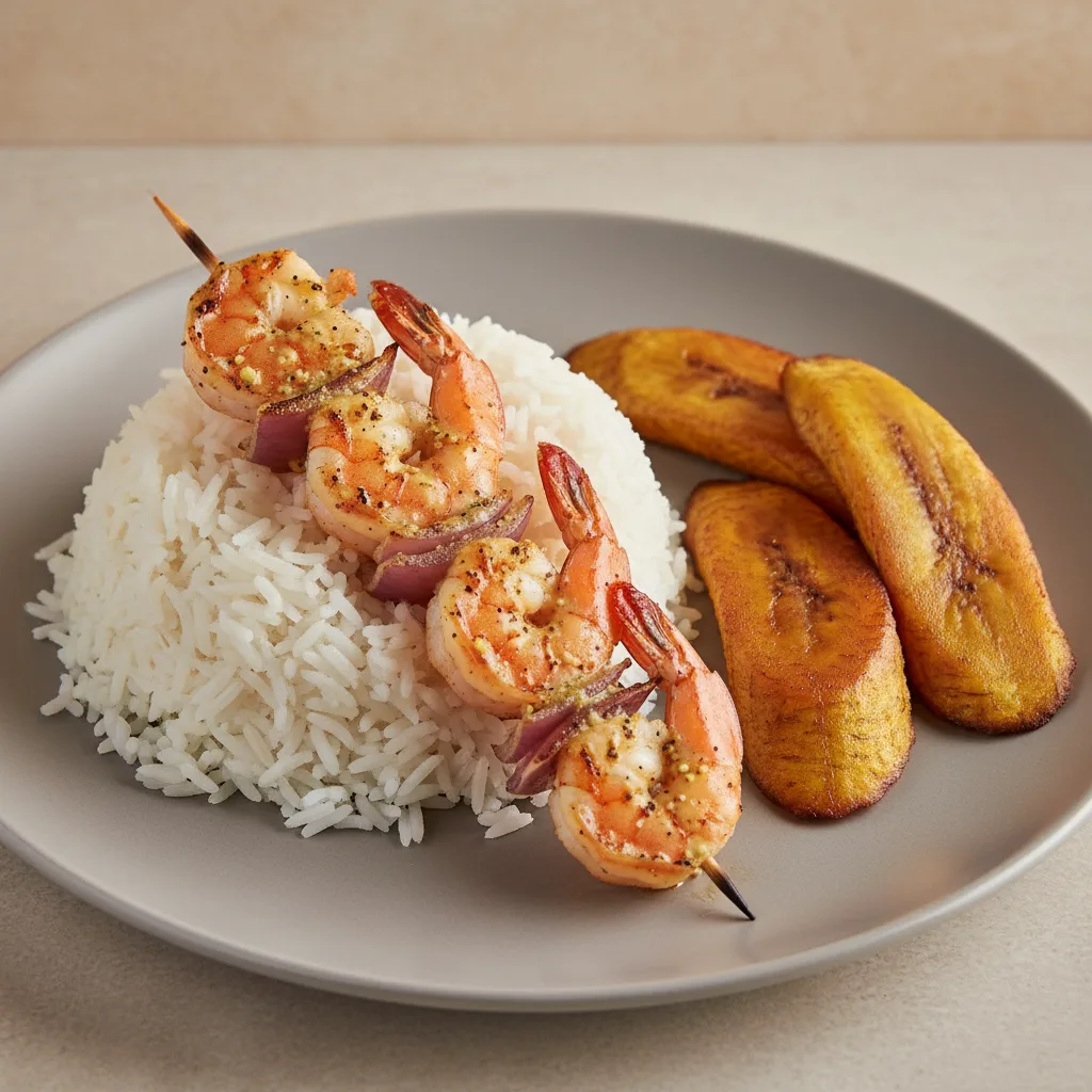 Brochette Shrimp with White Rice and Plantains Brochette Shrimp with White Rice and Plantains
