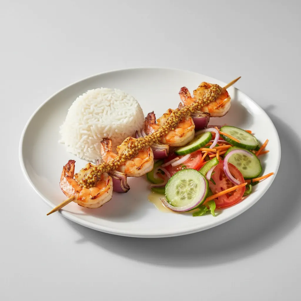 Brochette Shrimp with White Rice and Senegalese Salad Brochette Shrimp with White Rice and Senegalese Salad
