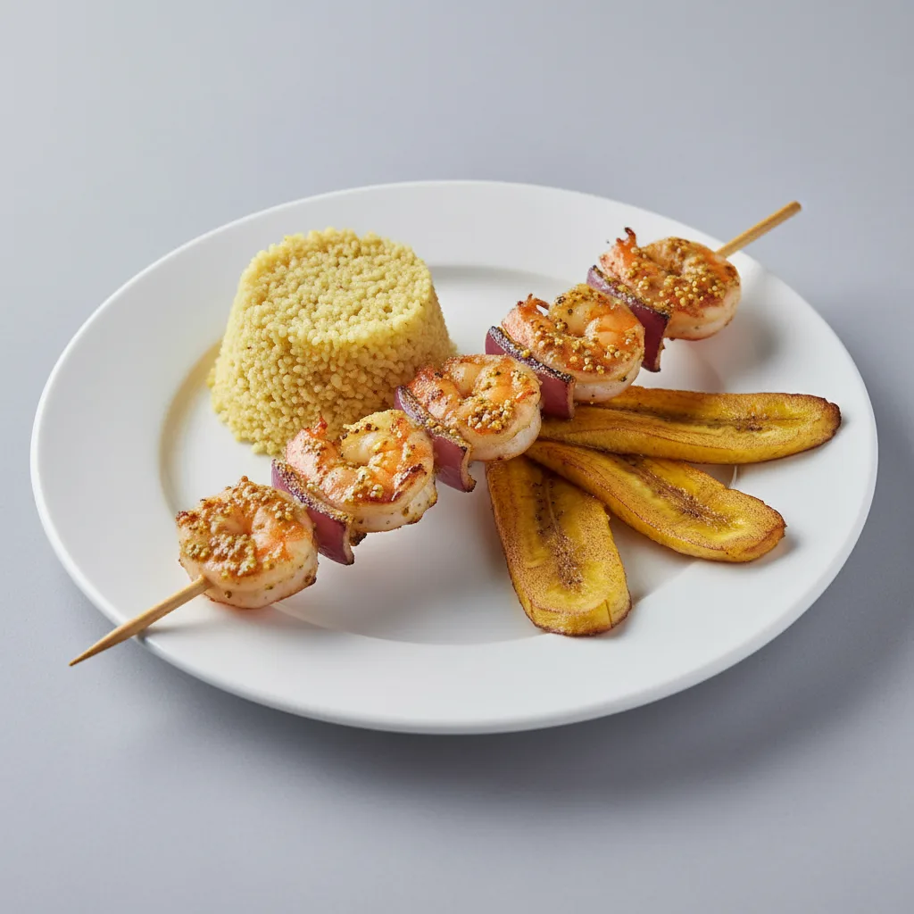 Brochette Shrimp with Couscous and Plantains Brochette Shrimp with Couscous and Plantains
