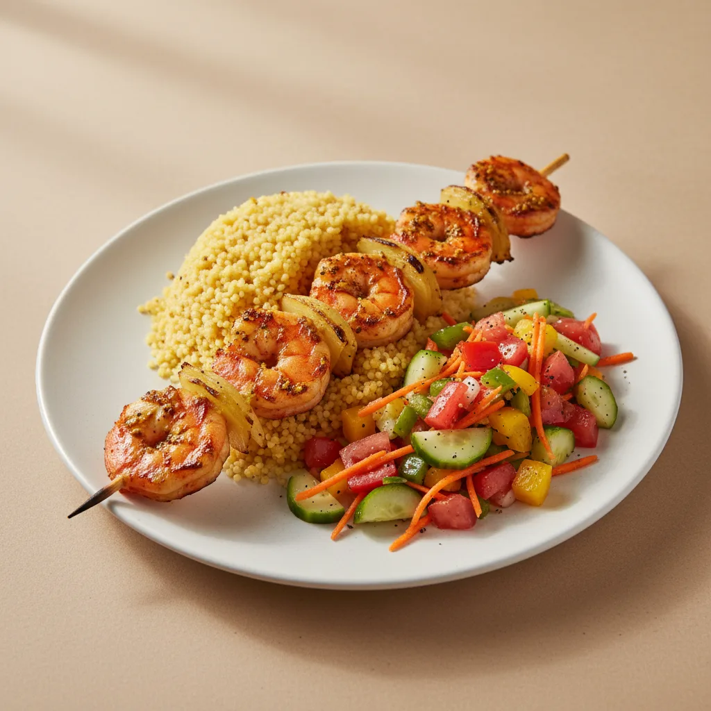 Brochette Shrimp with Couscous and Senegalese Salad Brochette Shrimp with Couscous and Senegalese Salad