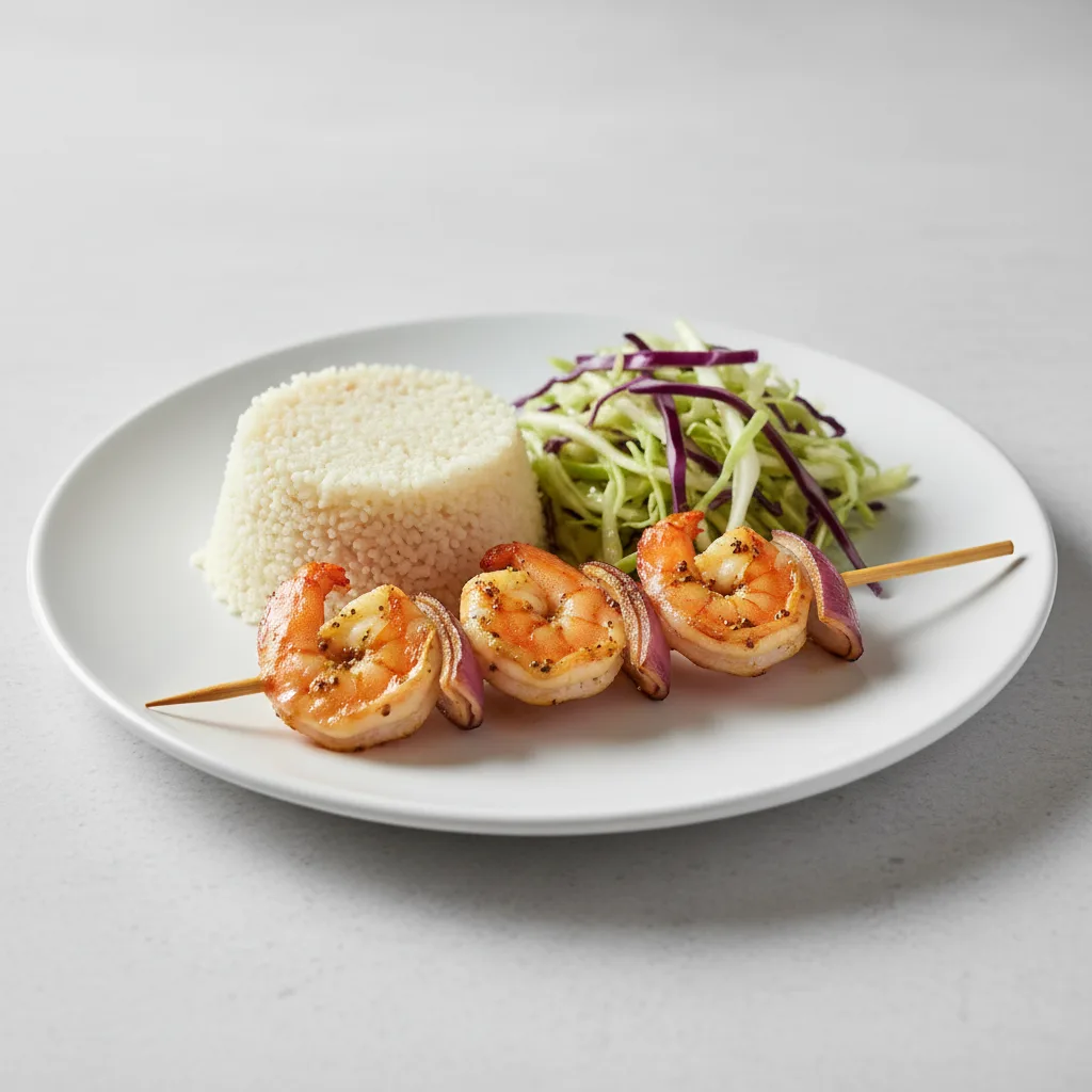 Brochette Shrimp with Attieke (Cassava Couscous) and Cabbage Brochette Shrimp with Attieke (Cassava Couscous) and Cabbage